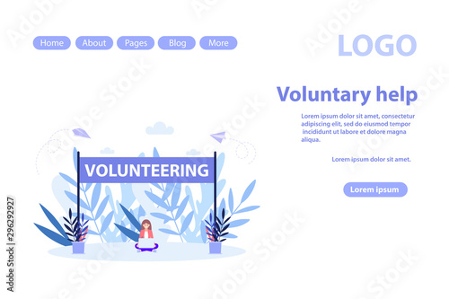 Volunteering and voluntary help concept web page.Flat vector illustration isolated on white background. Can use for web banner, infographics, web page..