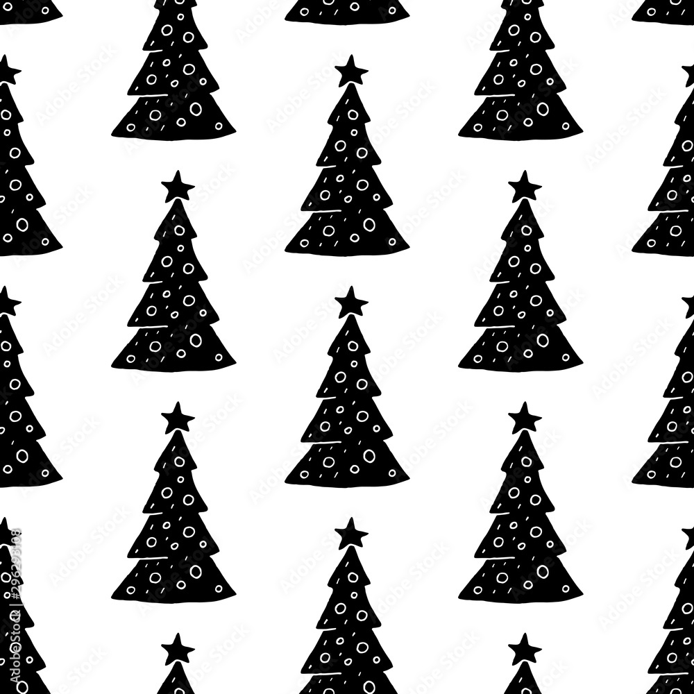 Cute cartoon christmas tree background with hand drawn firs. Sweet
