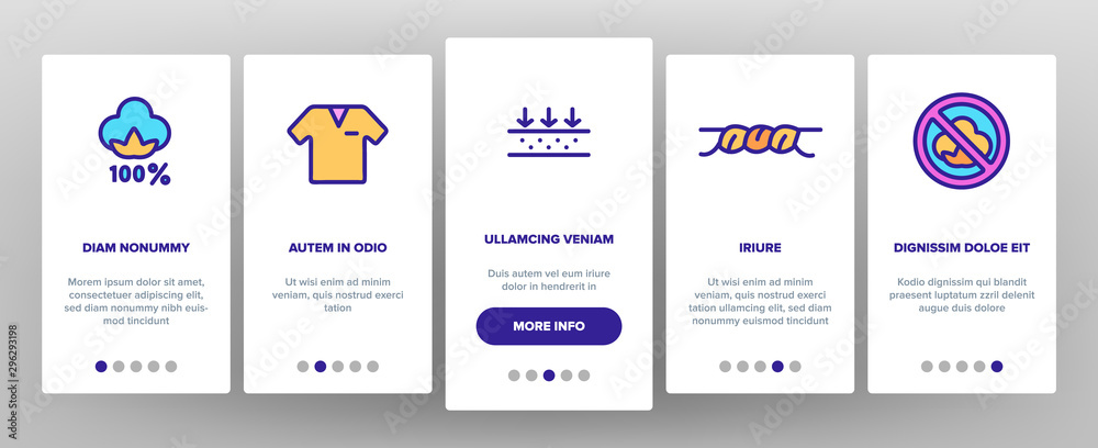 Cotton Fabric Onboarding Mobile App Page Screen Vector Thin Line. Textile Cotton Material Clothes, Washing Machine And Ironing Board Concept Linear Pictograms. Color Contour Illustrations