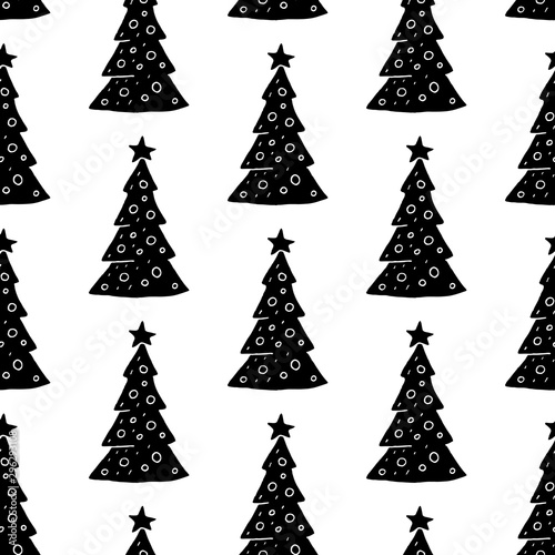 Cute cartoon christmas tree background with hand drawn firs. Sweet vector black and white christmas tree background. Seamless monochrome doodle christmas tree background for various projects.