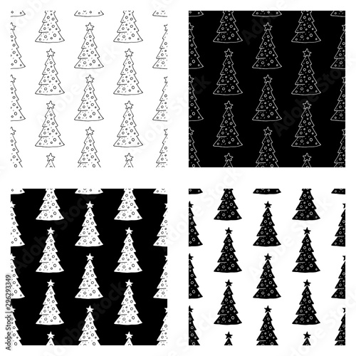 Cute cartoon christmas tree pattern set with hand drawn firs. Sweet vector black and white christmas tree pattern set. Seamless monochrome doodle christmas tree pattern set for various projects.