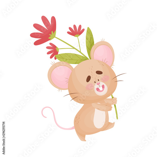 Cartoon mouse holds a stalk with a red flower. Vector illustration.