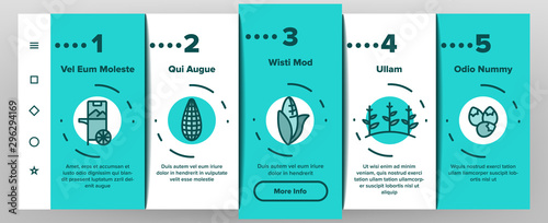 Corn Food Onboarding Mobile App Page Screen Vector Thin Line. Pop Corn And Corncob, Maize Grain And Package, Cart And Nutrition Field Concept Linear Pictograms. Color Contour Illustrations