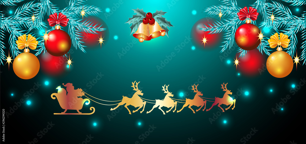Christmas card with golden ringing bells and spruce with balls and reindeer team with Santa Claus in sledge in starry sky