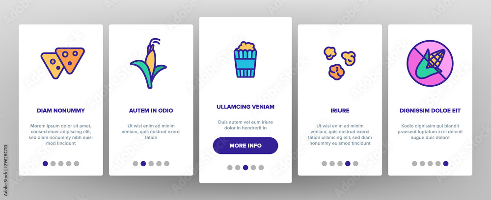 Corn Food Onboarding Mobile App Page Screen Vector Thin Line. Pop Corn And Corncob, Maize Grain And Package, Cart And Nutrition Field Concept Linear Pictograms. Color Contour Illustrations