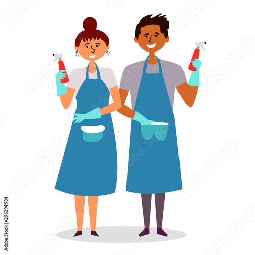 The girl and the guy with aprons carry out cleaning, cleaning with detergents. Cleaning staff. Vector