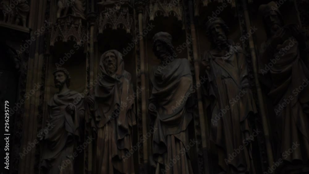 Closeup of Saints sculpture on the exterior of church building of Strasbourg Notre-Dame cathedral, Alsace, France. Old town gothic architecture, catholic religion, travel landmark. Closeup of Saints sculpture on the exterior of church building of Strasbourg Notre-Dame cathedral, Alsace, France. Old town gothic architecture, catholic religion, travel landmark.