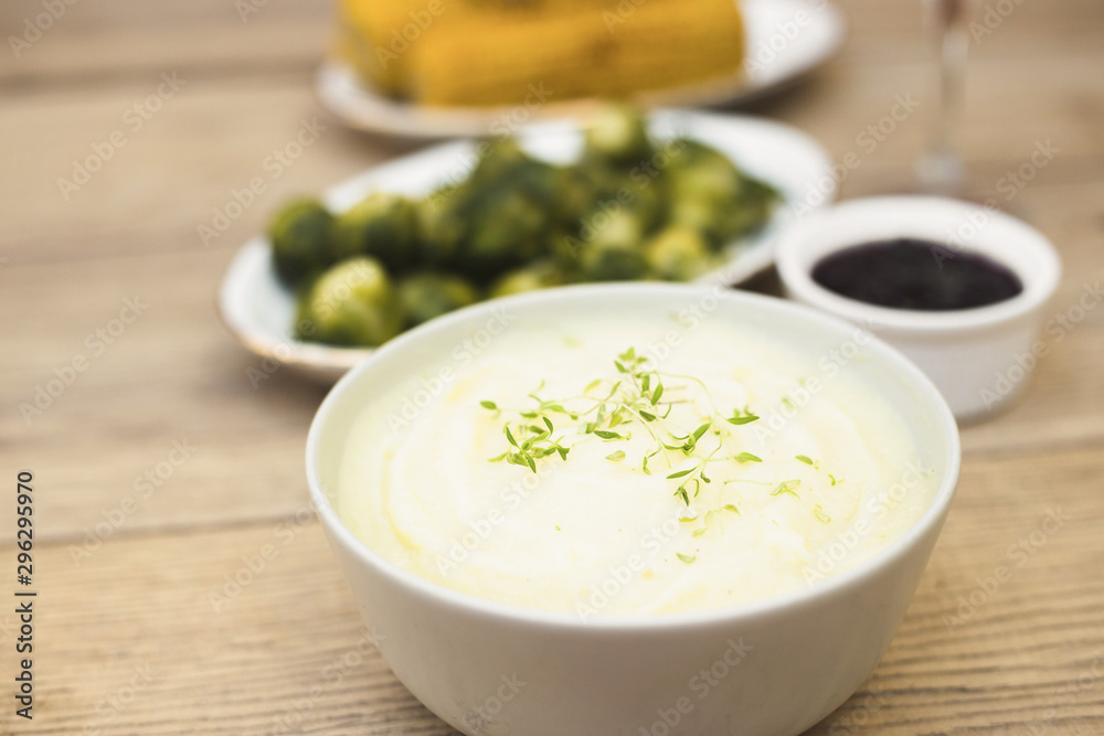 Potato puree in bowl on table Potato puree in bowl on table