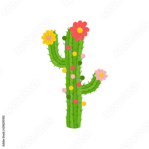 Christmas cactus vector illustration. Festive, seasonal, holiday cute xmas decorated cactus with lights flowers. Isolated cartoon graphic print.