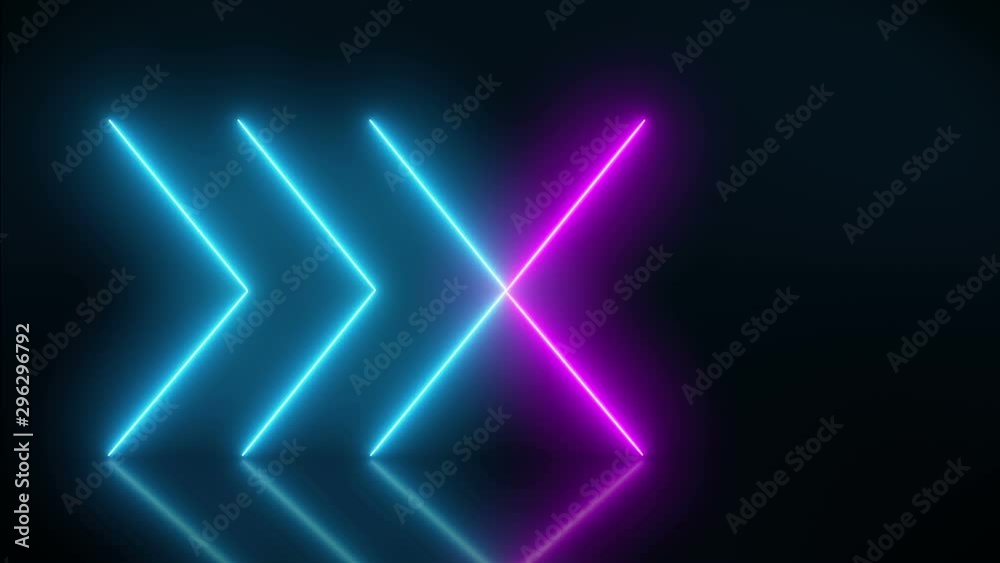 Video animation of glowing neon arrows in blue and magenta on reflecting floor. - Abstract background - laser show Video animation of glowing neon arrows in blue and magenta on reflecting floor. - Abstract background - laser show