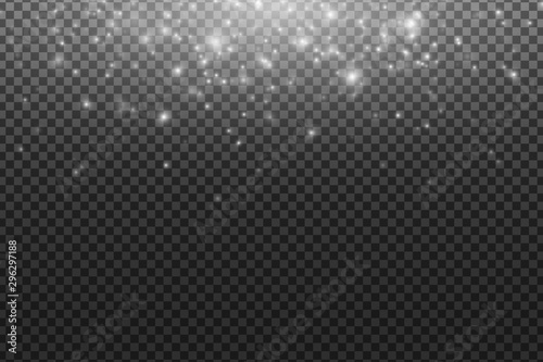 Falling snow effect isolated on a transparent dark background. Blurry white spots. Light effect. Snow dust. Vector illustration