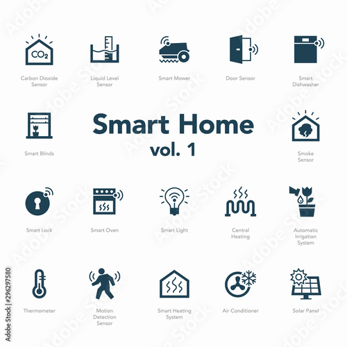 Smart home icon set volume 1 isolated on light background. Contains such icons Smart Heating System, Thermometer, Liquid Level Sensor, Motion Detection Sensor and more.