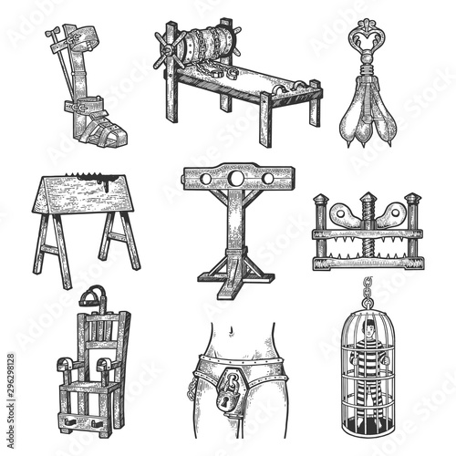 Medieval torture device set sketch engraving vector illustration. T-shirt apparel print design. Scratch board style imitation. Hand drawn image.
