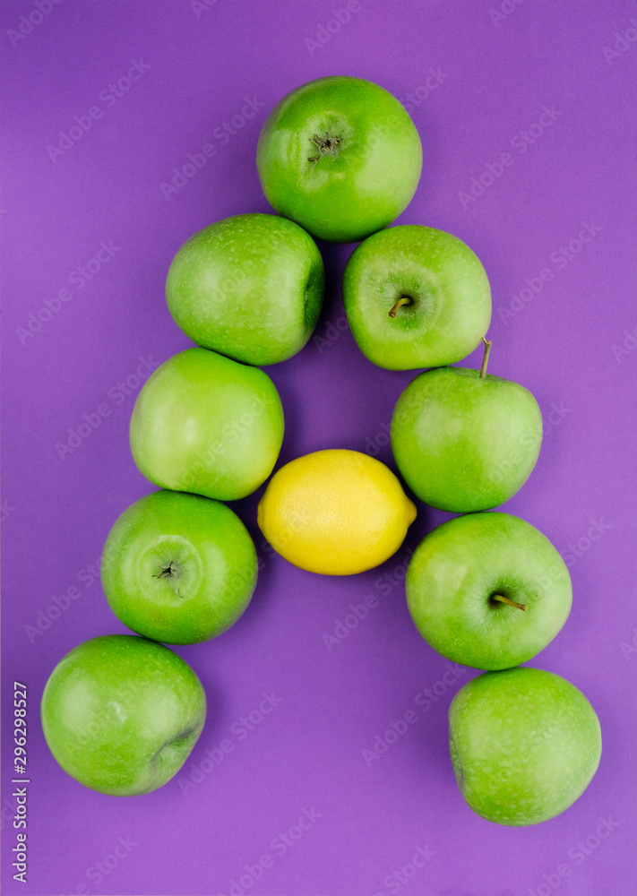 letter A composed of apples in lemon letter A composed of apples in lemon