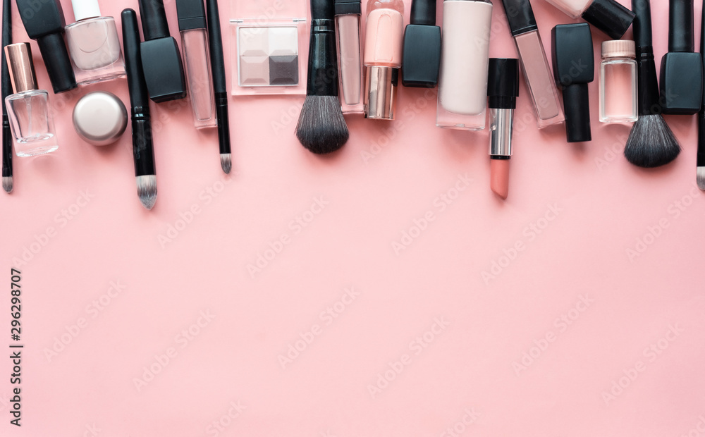 Beauty make up cosmetic women products accessories in line row on pink flat  lay background, cheap discount commercial retail sale offer online  purchase, top view above copy space, makeup wide banner Stock