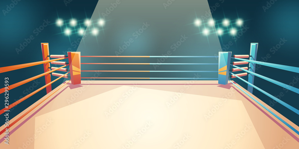Box ring, arena for sports fighting. Empty illuminated area with spotlights and ropes. Place for boxing, wrestling, presentation of match, competition. Dangerous sport. Cartoon vector illustration - obrazy, fototapety, plakaty 