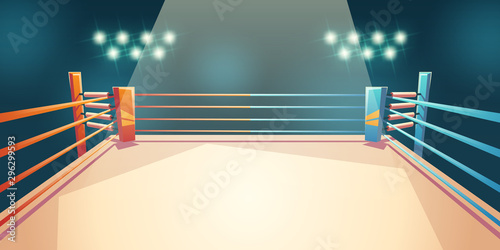 Box ring, arena for sports fighting. Empty illuminated area with spotlights and ropes. Place for boxing, wrestling, presentation of match, competition. Dangerous sport. Cartoon vector illustration