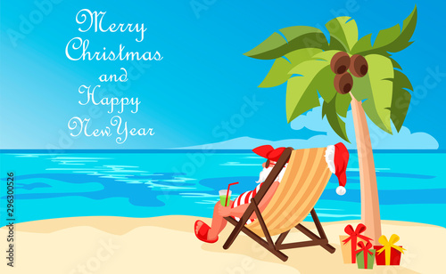 Santa on vacation. Christmas in the tropics. Santa Claus on the beach. Santa on the ocean