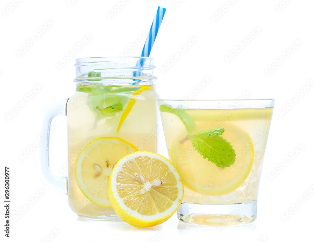 lemonade with lemons and straw isolated on a white background