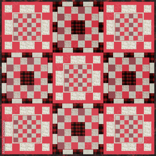 Oma's quilt, collage for a quilt, red and beige with checkers