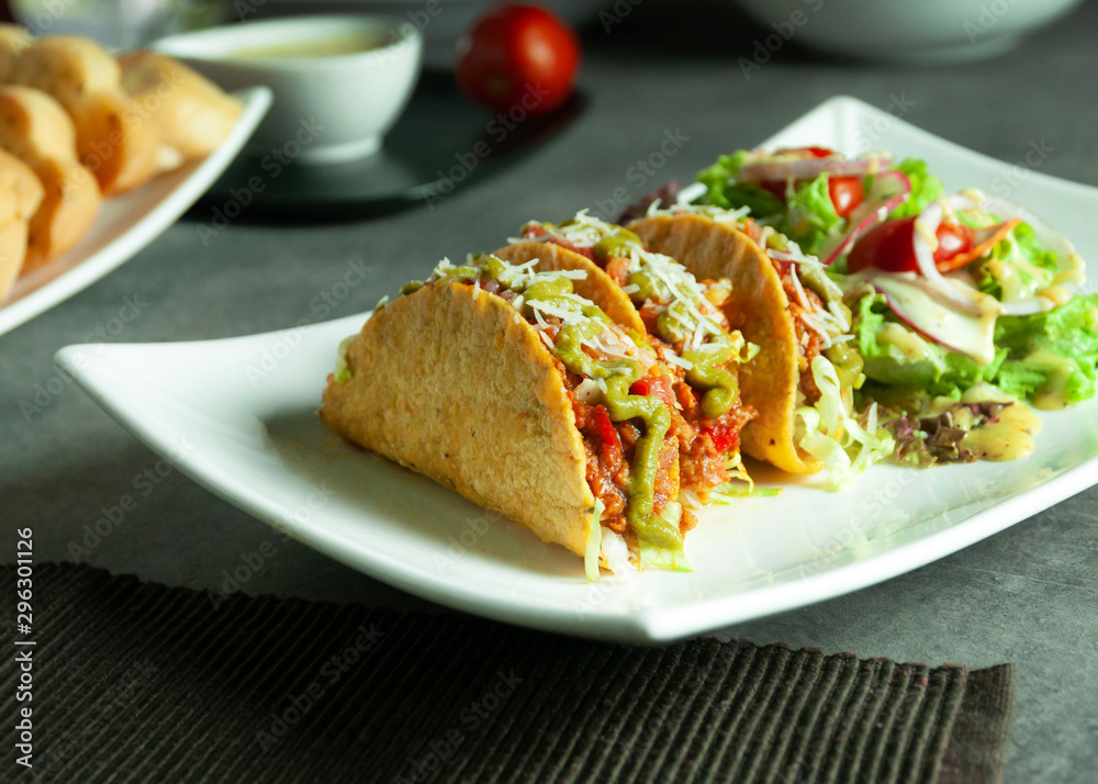 Mexican food Taco, meat delicious , Ground Beef Tacos Shells with salad. Mexican food Taco, meat delicious , Ground Beef Tacos Shells with salad.