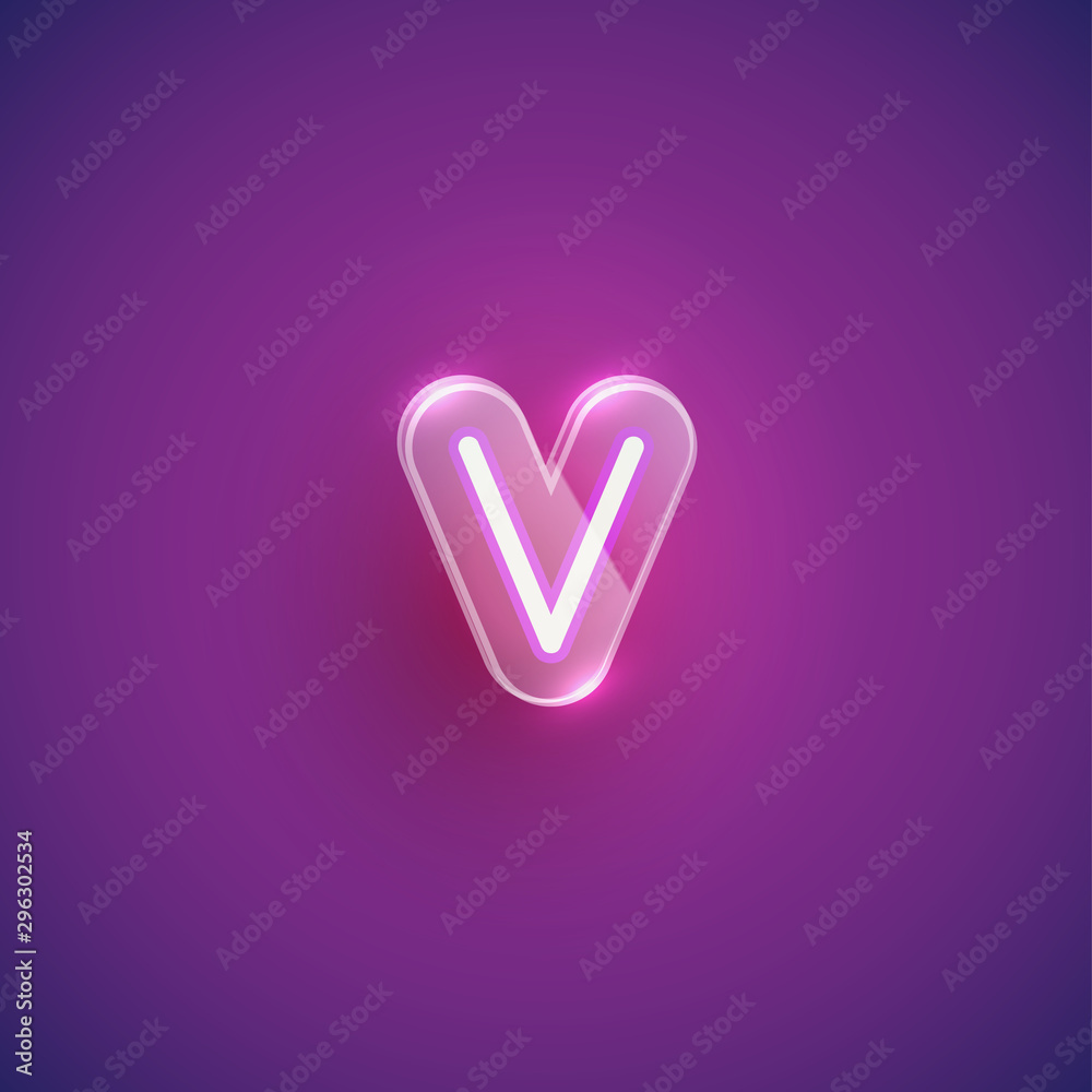 Realistic neon V character with plastic case around, vector illustration