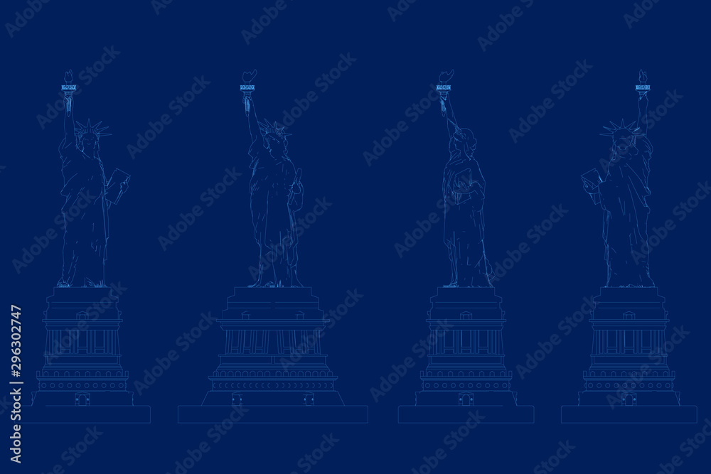 Set with the outline of the statue of liberty from blue lines on a dark background. Vector illustration. Set with the outline of the statue of liberty from blue lines on a dark background. Vector illustration.