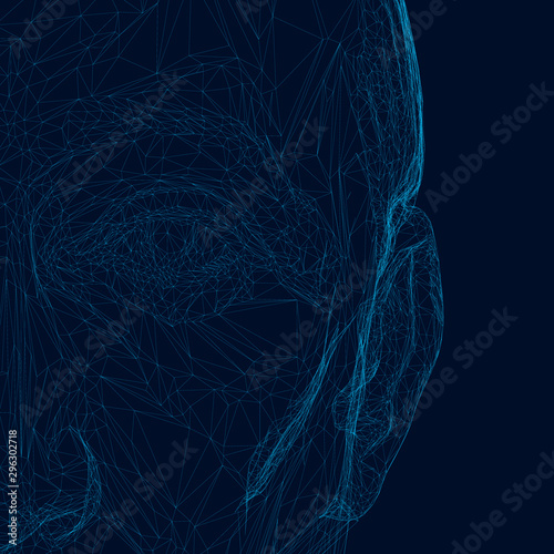 Wireframe part of a human face from blue lines on a dark background. 3D. Vector illustration.