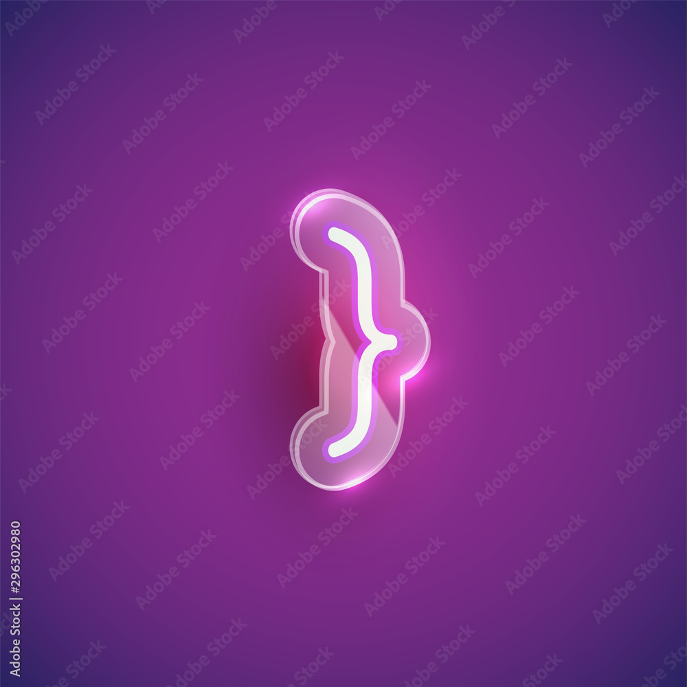 Realistic neon 'bracket' character with plastic case around, vector illustration