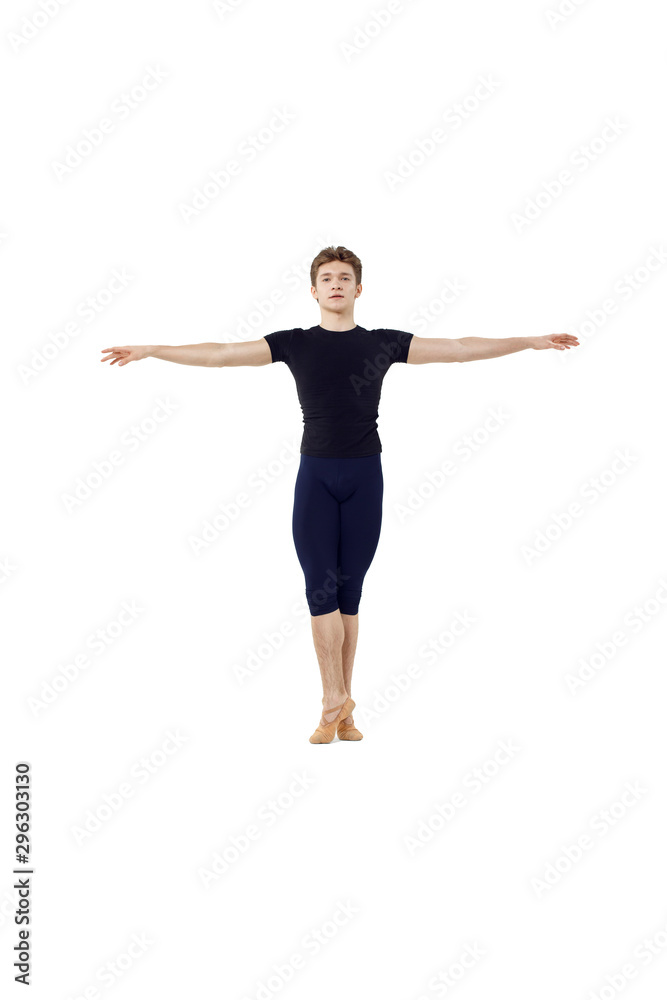 Actor Russian ballet,young ballet dancer performing complex elements on a white background