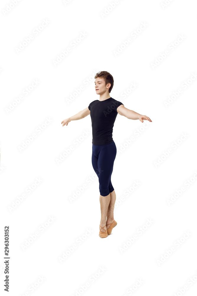 Actor Russian ballet,young ballet dancer performing complex elements on a white background