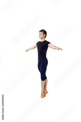 Actor Russian ballet,young ballet dancer performing complex elements on a white background