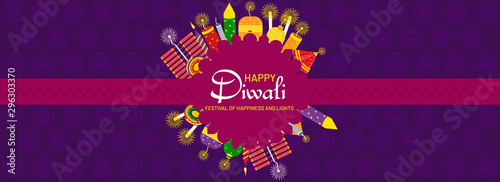 illustration of crackers on Happy Diwali Holiday background for light festival of India_Vector, Illustration.