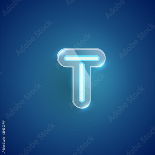 Realistic neon T character with plastic case around, vector illustration