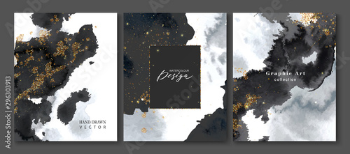 Set of creative postcards with black watercolor and gold sequins.Collection of hand drawn artistic creative universal cards templates.Design invitations, brochures and more.Vector illustration
