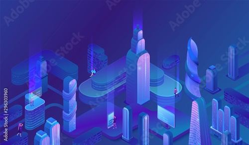 Smart city futuristic isometric city vector illustration, night neon skyscraper, future trends concept, modern business center, urban landscape, gradient color design, office building, people, gadgets