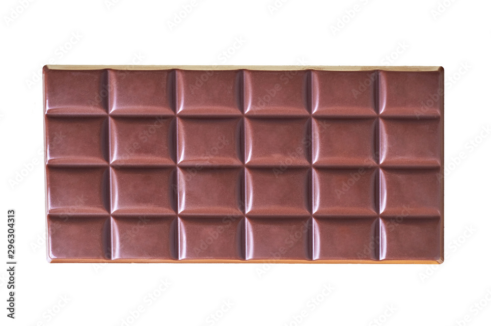 Obraz premium One bar of whole dark bitter or milky chocolate with rectangular sections isolated on white background without shadows. Top view