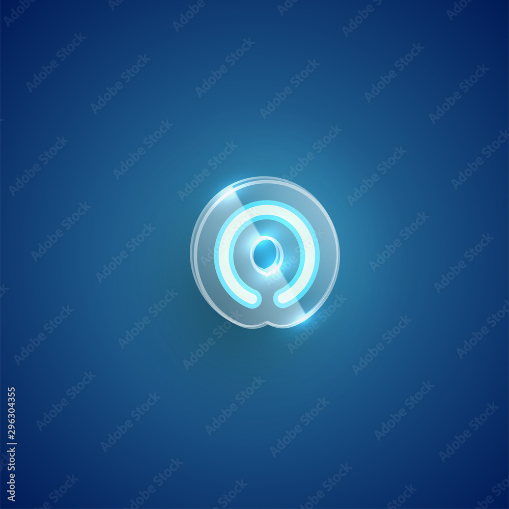 Realistic neon O character with plastic case around, vector illustration