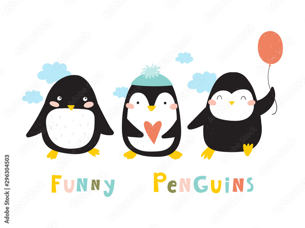 Obraz premium Cartoon cute penguins vector character. Christmas print with penguins in hats. Bright funny cartoon card .