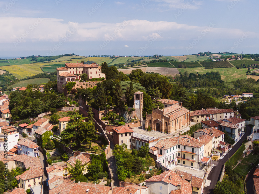 Drone aerial view of the parish church of Ozzano Monferrato