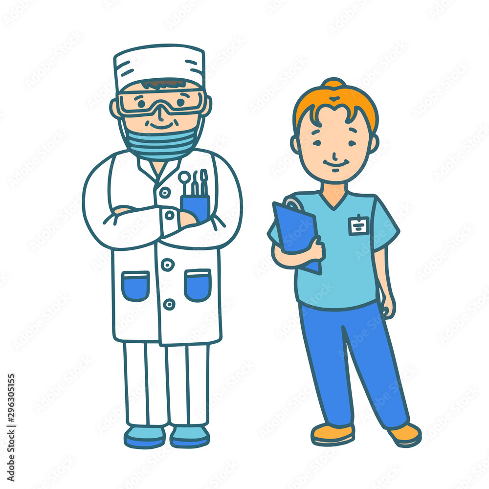 Denistry Staff Dentist and Nurse in Doodle Style Denistry Staff Dentist and Nurse in Doodle Style