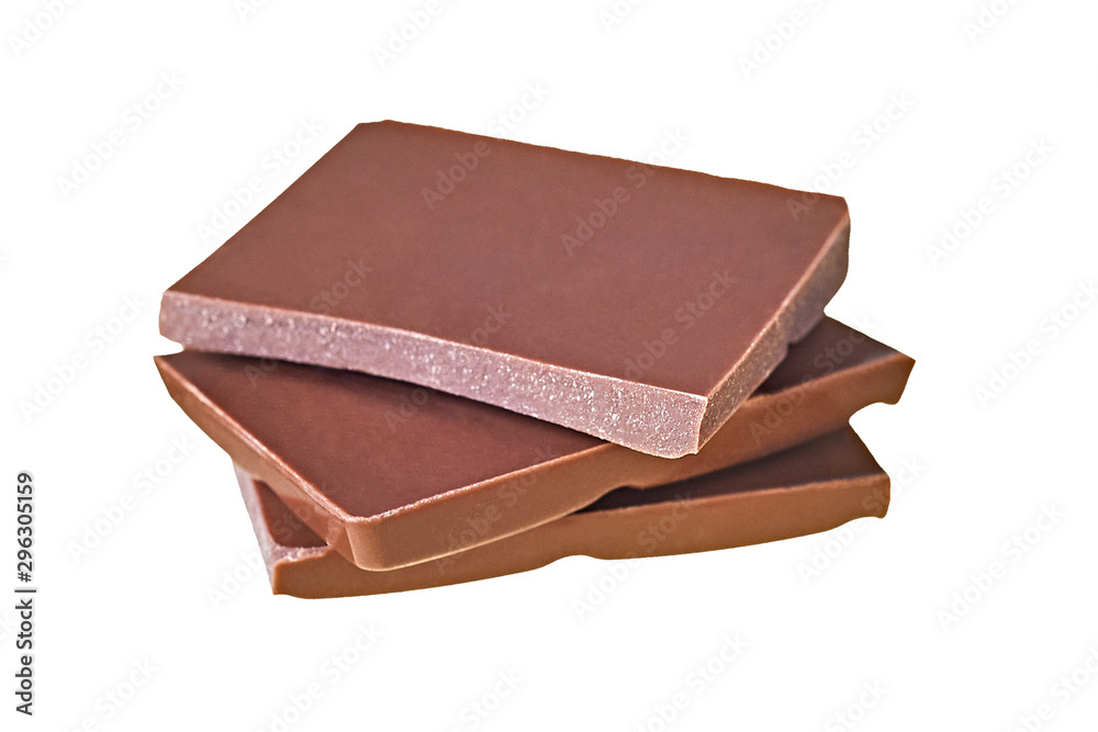 Three parts of broken bar dark bitter or milky chocolate isolated on white background without shadows Three parts of broken bar dark bitter or milky chocolate isolated on white background without shadows