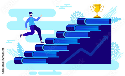 man running on books steps towards success