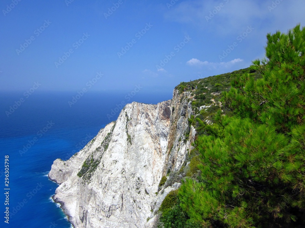 Beautiful west cliff coast at Zakynthos (Zante) island. Rocky steep cliffs on the wild western Zakynthos, near Navagio Beach. Ionian Island, Greece, Europe