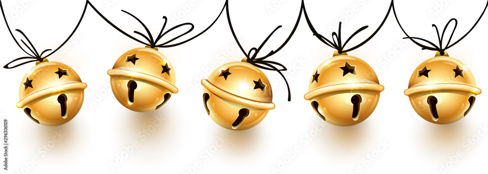 Christmas holiday decoration garland of golden jingle bells on the