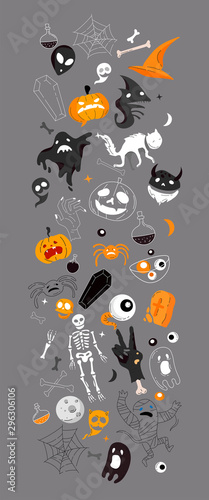 Vector icon and element collection for Helloween greeting card and poster, party sign. Concept illustration with Sign and symbol. Flat design cartoon