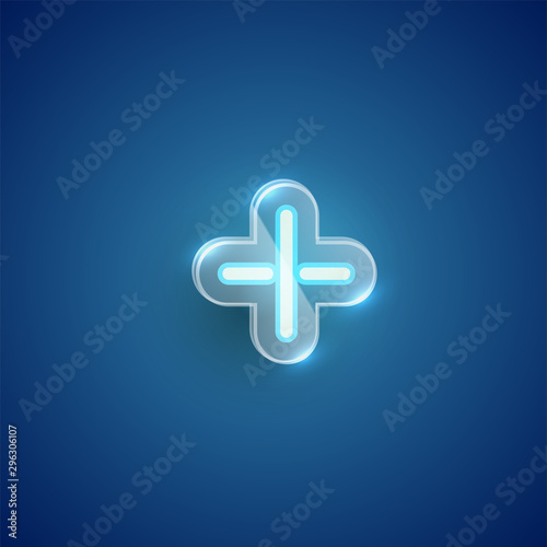 Realistic neon 'plus sign' character with plastic case around, vector illustration