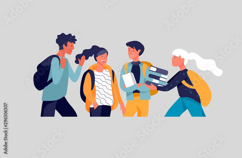 Happy teenagers and students. Group of friends character are laughing and talking. Stylish smiling teenage boys and girls. Young generation pupils