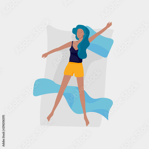 Sleeping woman character. Girl are sleep in bed alone in relax pose. Top view. Colorful vector