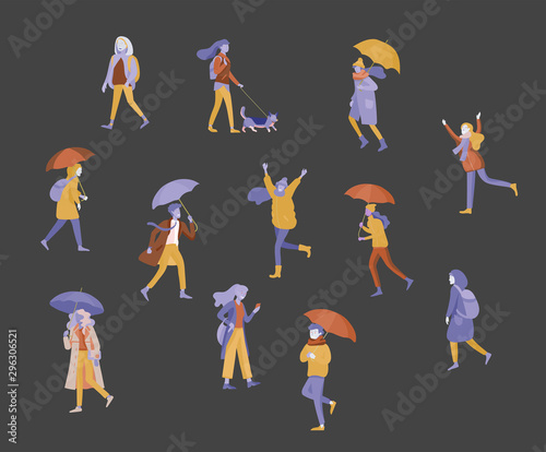 Various stylish people character go on street under umbrellas in warm clothes. Autumn rainy weather. Colored trendy cartoon vector illustration